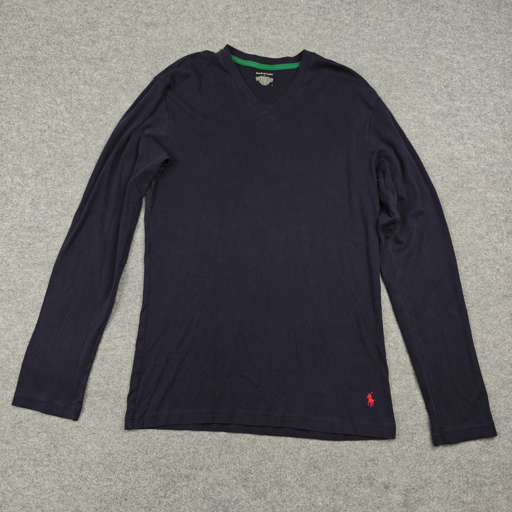 Polo Ralph Lauren Shirt Mens Large Navy V-Neck Long Sleeve Logo Red Pony Tagless